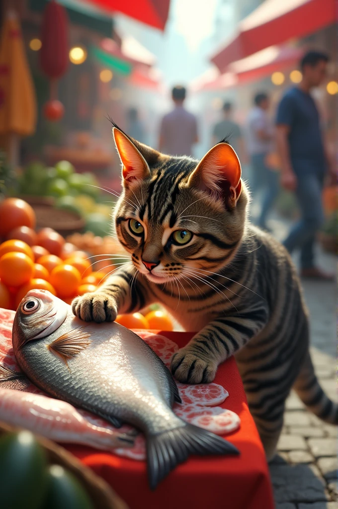 A cat stealing fush from market