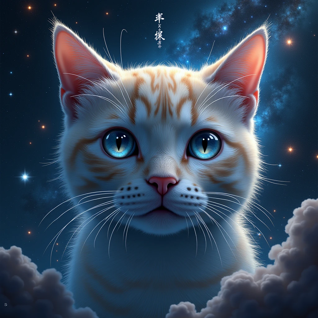 Cat face close up, Space in the background (Beautiful shining stars and galaxies), Space Cat,  on the screen is written in 大きい letters on the screen,