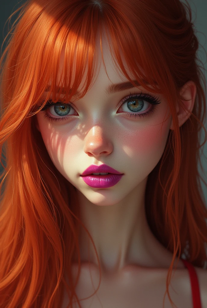 Cafe con leche colored girl with long red hair, big eyes, slightly wide nose, with prominent cheeks and a round face, pink and purple lips