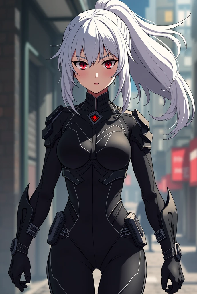Create a female My Hero Academia OC with white hair, red eyes and a black hero suit