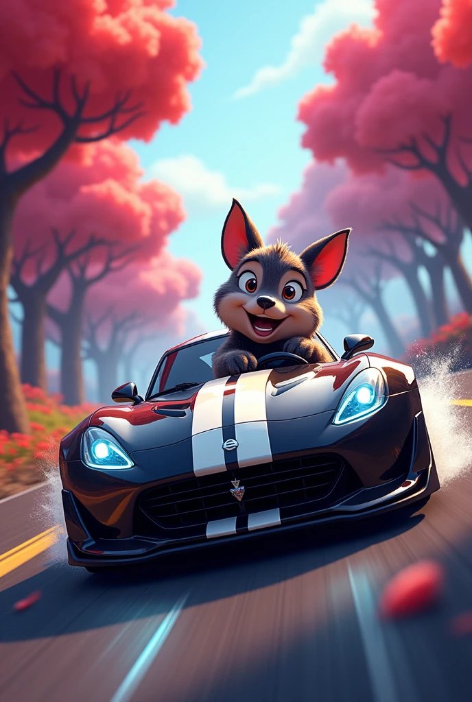 A Pedro(Animal) in car. Pedro is driving  fast a car. The car is Nissan  black and has white line middle. Pedro is happy. It's go longer forest . There are trees are red , pink, blue. 