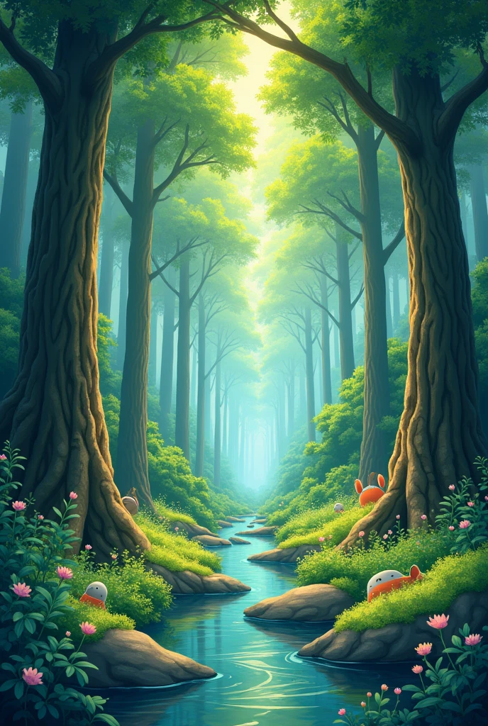 ﻿/imagine prompt: Viral anime nature wallpaper in 4K quality, in the style of digital illustration inspired by Hayao Miyazaki, featuring a serene forest with towering ancient trees, dappled sunlight filtering through the leaves, a gentle stream flowing through the scene, and mystical creatures peeking from behind the foliage; vibrant and warm color temperature, cosmos lighting with stars twinkling in the sky, no human characters, the atmosphere is tranquil and enchanting --v 5 --stylize 1000