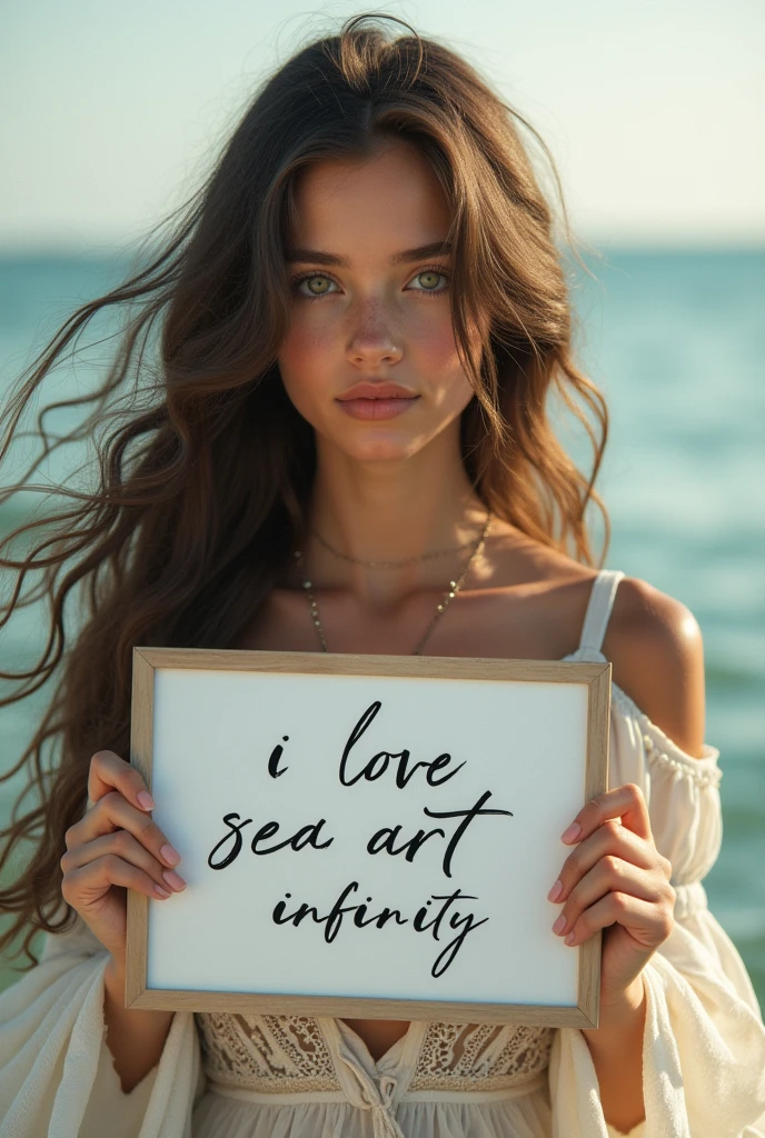 Beautiful girl with wavy long hair, bohemian dress, holding a white board with text "I Love Seaart Infinity" and showing it to the viewer