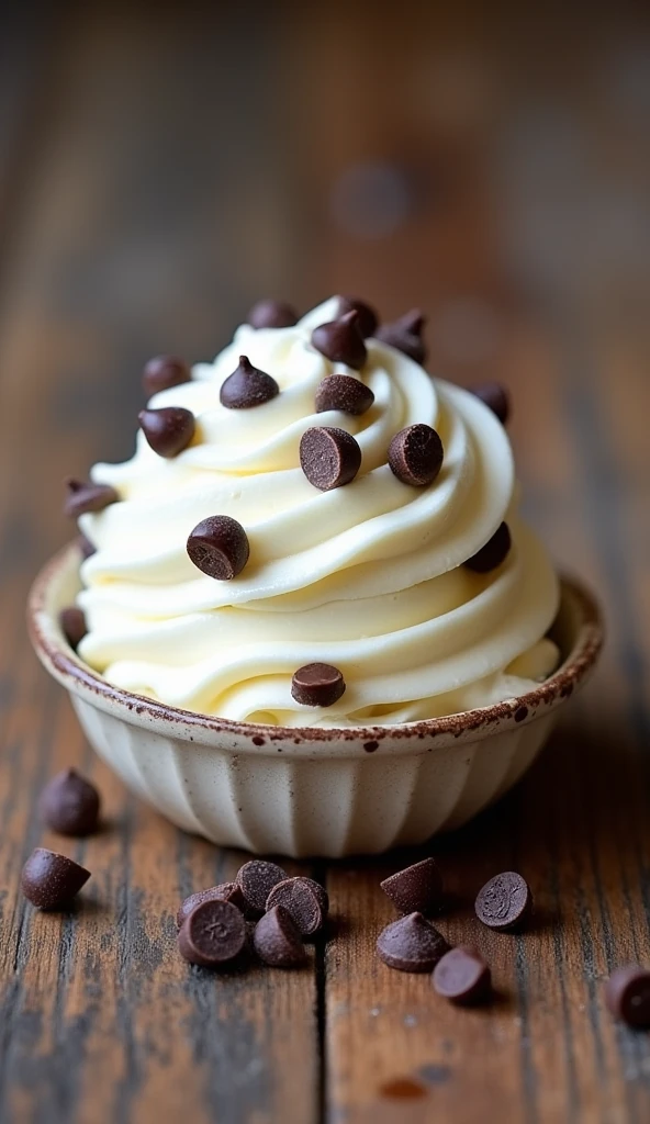 White ice cream on with chocolate chips on the table