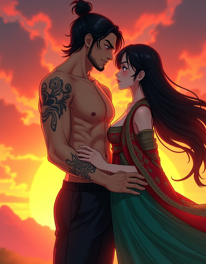 Create a anime style landscape image. Dramatic, anime, stylized portrait featuring two individuals against a vivid, sunset-colored background. The man, medium skin tone, is shirtless, showcasing a tattoo on his upper arm and wearing dark pants. He has long hair and a beard, and his expression is intense. The woman, with a medium skin tone, is dressed in a traditional, ornate outfit with intricate embroidery, featuring a green skirt and a richly decorated top. She has long, dark hair and is looking upwards with a serene expression. The overall composition is dynamic, with the man standing slightly behind the woman, his hand resting on her waist, creating a sense of connection and intimacy between them.