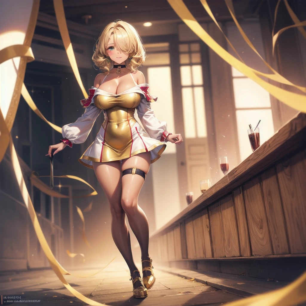 tight-fitting off-shoulder mini dress,large breasts,hair covering one eye,high quality,full body,knee-high socks,choker,tan skin,Inner thigh gap,wide ass,gold hair