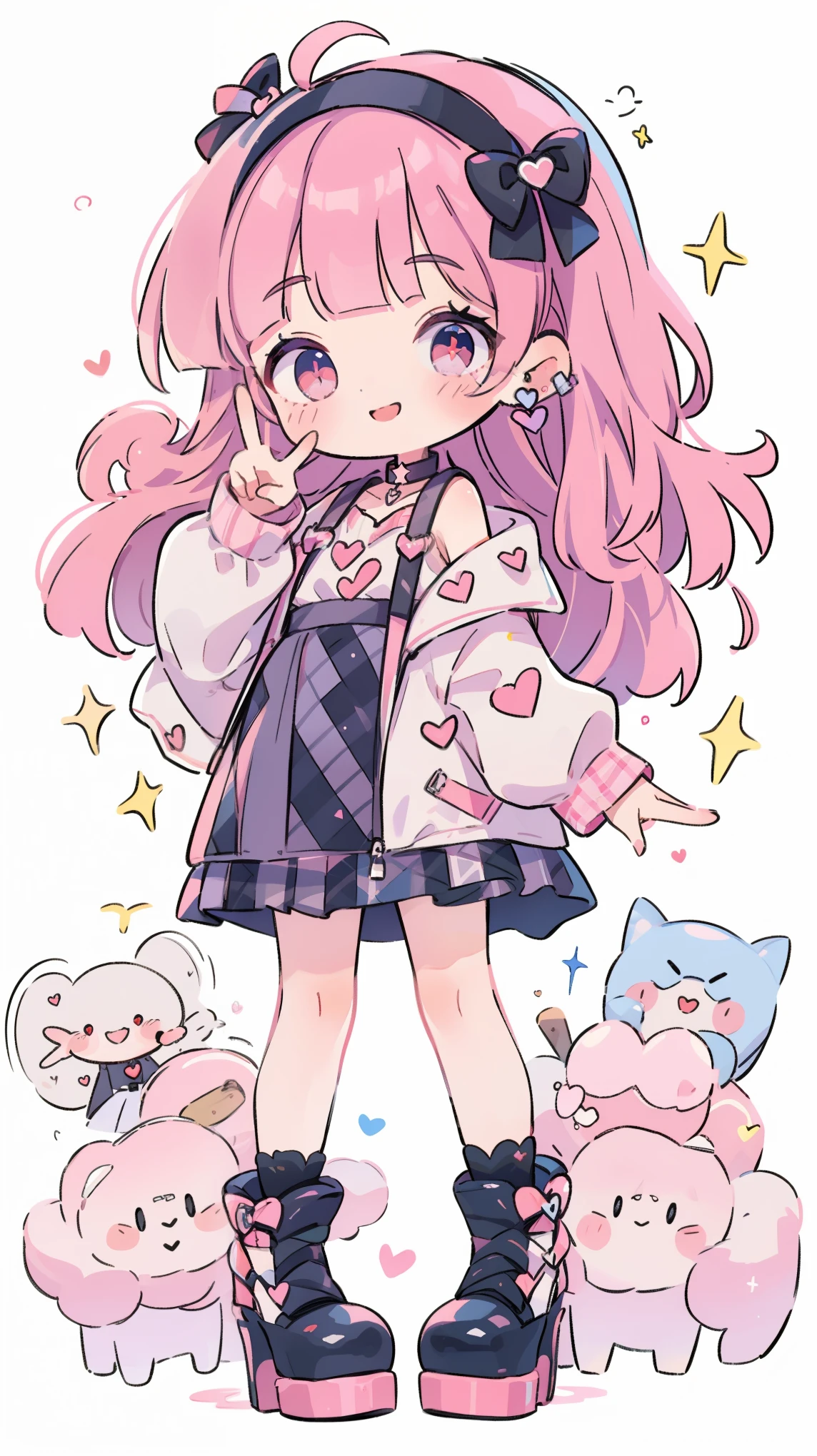 ((from front)),
((chibi)),
((peace sign)),
high resolution,smile,woman,woman1人,adult,Clear,cute,Put your hand on your cheek,
blunt bangs,Pink Hair,wavy hair,long hair,BREAK,
Red eyes,Sparkling Eyes,BREAK,
((Landmine fashion)),
Pink off-shoulder top,BREAK,Black plaid pleated skirt,BREAK,Black high heels,
Ribbon headband,BREAK,Heart Earrings,BREAK,Lace choker,BREAK,
Pink hearts on a white background,