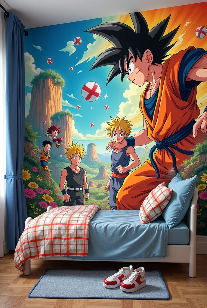 Give me a wall painting with full of anime and also colourfully and cover with full wall for boys for boys bedroom full of anime like Naruto,Chainsaw man,Goku,and more