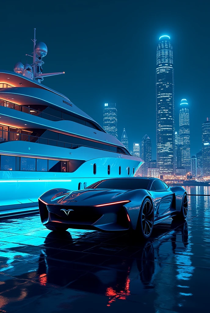 Lacetti on desk of luxury yacht at nigh with high sky scrapers in the background and blue neon lights