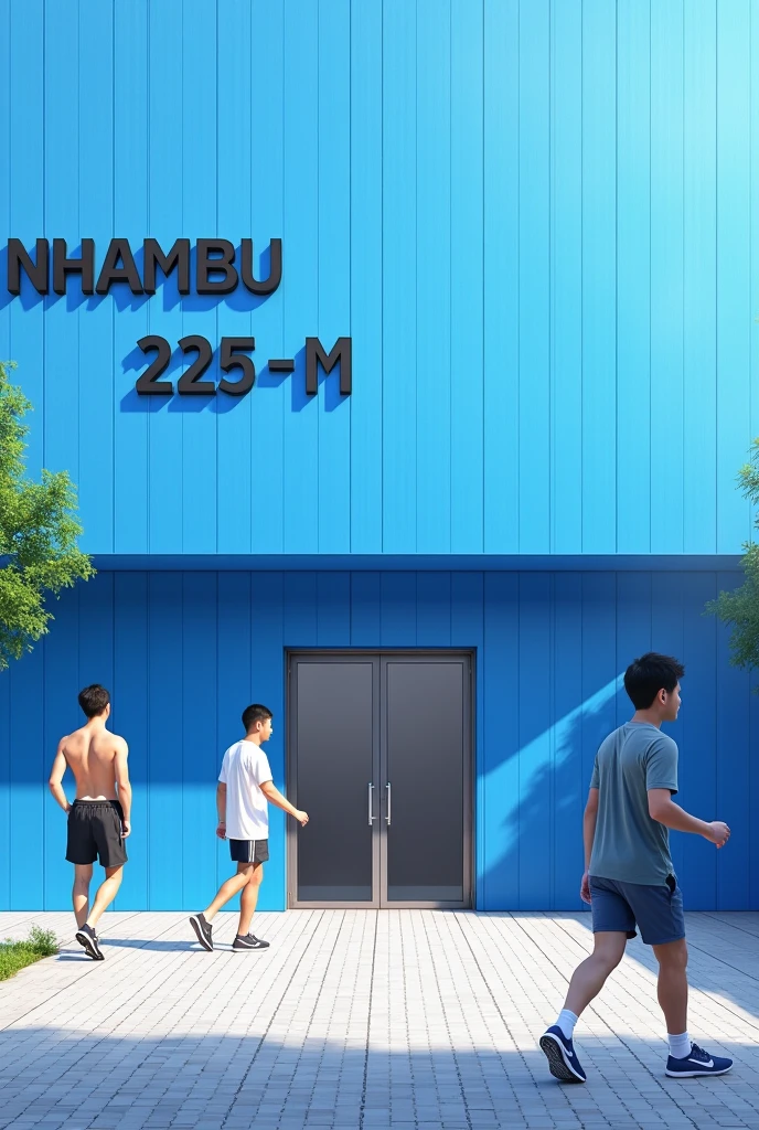 Blue wall public bathhouse, modern and brand new, with a sign written in capital letters “NHAMBU 225-M”, with men in sportswear coming and going.