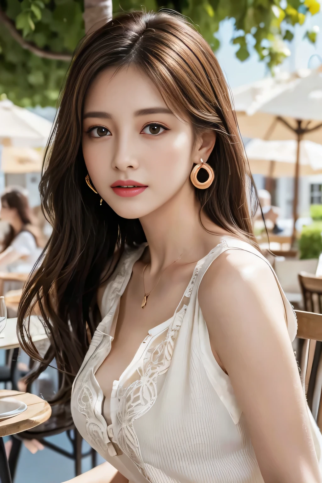 masterpiece, Highest quality, Realistic, Very detailed, Finer details, High resolution, 8k wallpaper, One beautiful woman,Wear a nice blouse, On the terrace of a lovely cafe, at noon, Light brown messy hair, Perfect dynamic composition, Beautiful and beautiful eyes、Big earrings、Sleeveless shirt、