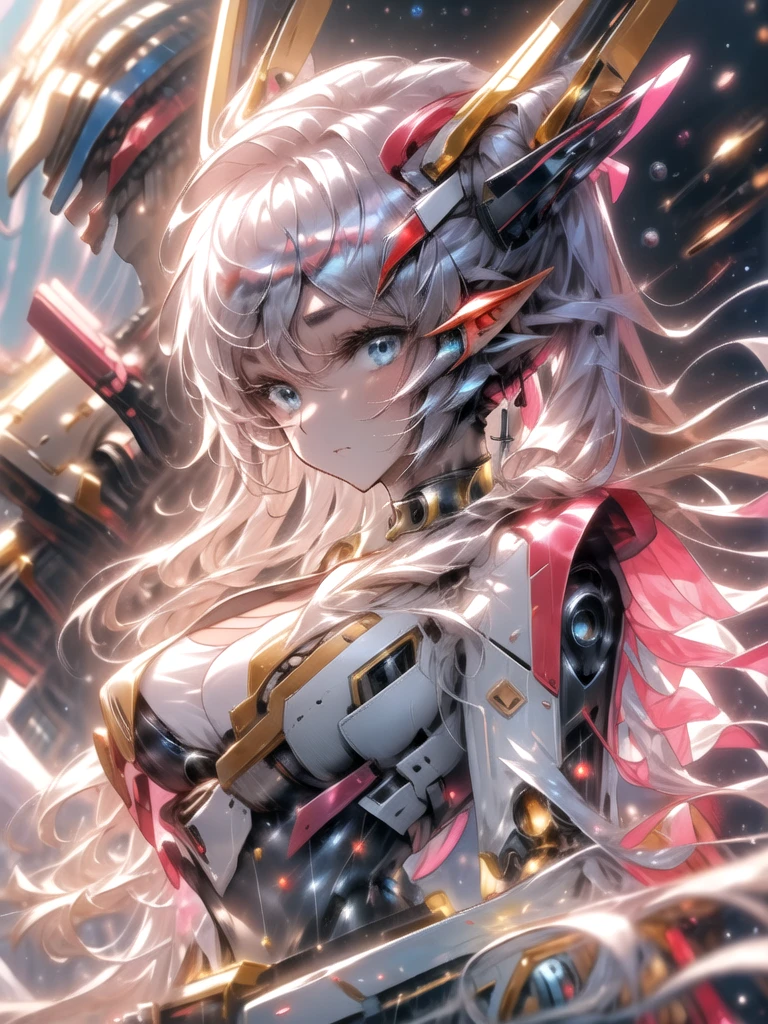 masterpiece,best quality,1girl,aafrie,[green eyes|blue eyes],long hair,white hair,twintails,pointy ears,thick eyebrows,flat chest,(chest armor),mecha musume,white theme,bodysuit,fortified suit,mechanical parts,robot joints,headgear,full armor,expressionless,looking at viewer,action pose,outer space,science fiction,