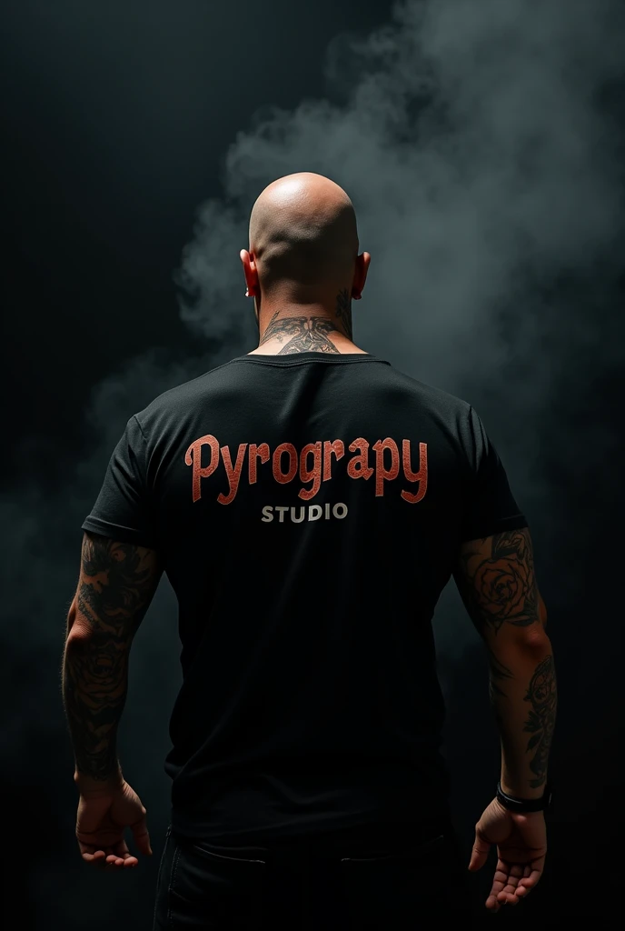 Shaved, dark, tattooed man from behind wearing a black t-shirt with the legend Pyrograpy Studio in Chicano style, on black background with smoke

