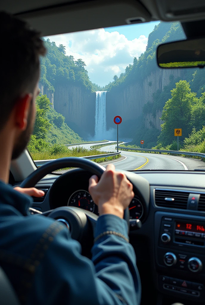 Man in the car driving in road trees red and blue highway driving  waterfall in weather
