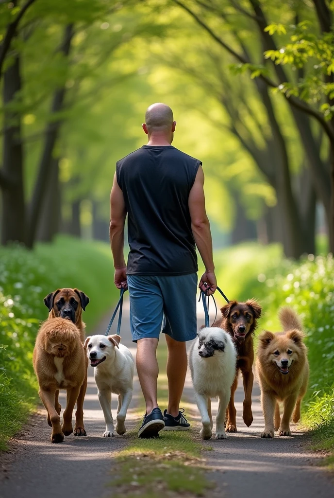 Photograph by ANNIE LEIBOVITZ with a Panasonic Lumix DMC-FZ2000 camera of a bald man with his back turned wearing a dark sleeveless shirt and blue shorts, walking 5 dogs of different breeds, each on a leash, walking beside him and surrounding him. They walk along a leafy path with lots of vegetation on both sides. Vibrant colors in a spring-like, relaxing and serene atmosphere.