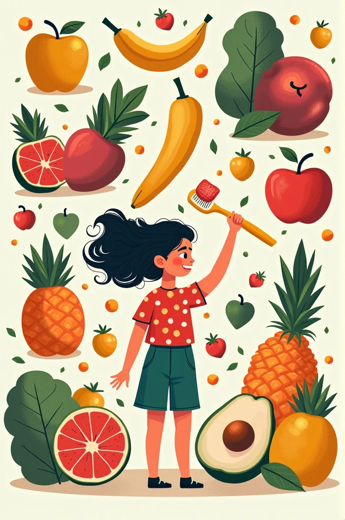 Create a creative drawing on balanced diet showing colorful fruits, vegetable and healthy snack and on healthy hygiene showing how you keep germs away from yourself by creating 
A person brushing teeth or washing hand or practicing other hygiene habits. Also show how eating good food, avoiding junk food keep you healthy and safe.