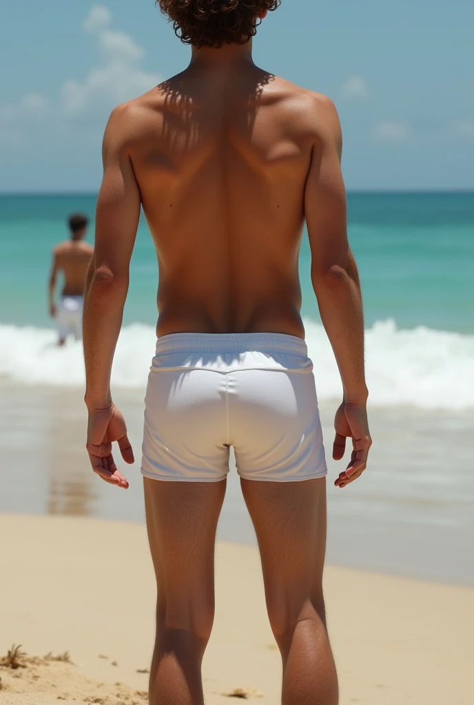 A young man, Beautiful, handsome, skinny, nude white, with sexy buttocks, servidor de helados con kepi rosa en la playa y una heladería detrás Beautiful trasero pen grande desnudes