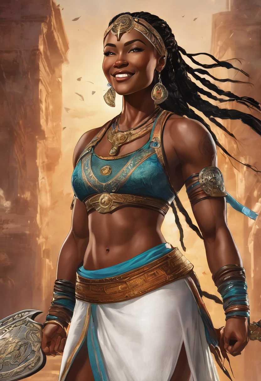 A strong blessed warrior goddess with an attesctive athletic physique, various skin colors, sexy, strong, charming, loving smile, radiant , standing 