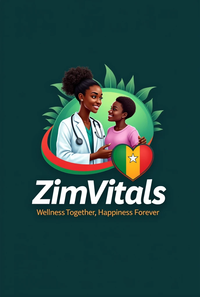 I want a go for a health channel called ZimVitals, with motto "Wellness together, happiness forever". Put a tinge of dim Zimbabwean flag at the background. Add a realistic black doctor with a patient in the background make it water mark then put a health logo im front