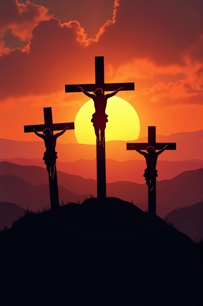 Images of the crucifixion, a silhouette of three crosses on a hill against a sunset, interspersed with close-ups of a crown of thorns and an ancient scroll.