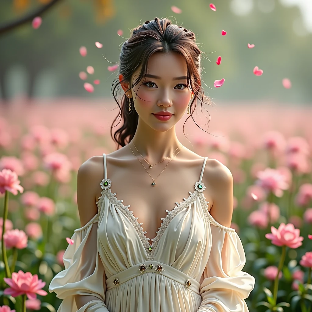 Best quality, masterpiece, ultra high resolution (photorealistic: 1.4), raw photo, 1 girl, white dress, bare shoulders, field of pink flowers in bloom, glowing skin, slight smile, Naked woman in white coat, middle-aged woman, beautiful woman, open body, light autumn rain, fullbody portrait