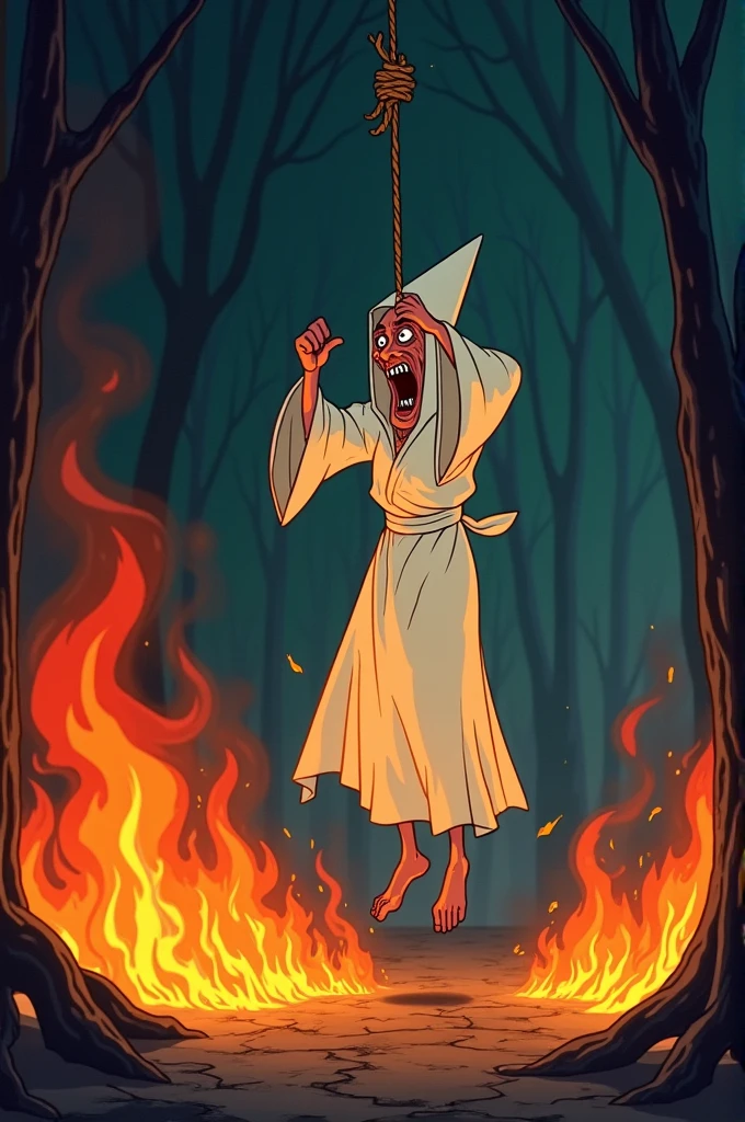 Ku Klux Klan member being hanged and burned, old disney animation style