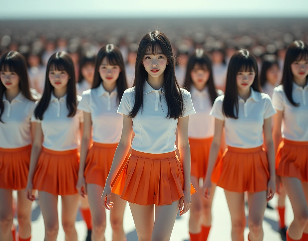(((((Japanese Clone-girls=Myself))))), (((Super Best masterpiece Clone-girls Raw Photography Art))), (((16K, Highest quality, Ultra-high resolution, RAW Photos))), (((It's so unrealistic., With unparalleled depiction, With an unfathomable sight, An unprecedented and shocking worldview, Clone-girls: In a world of mass reproduction, Ultra-realistic))), (((Japanese Girls, Sasaki Nozomi, 26yo, Small face, Thick black hair, Medium to long hair, Dark Eyes, Mature face, Cute Smile, Smiling face, A gentle gaze, (((Very happy laughter)))))), (((Very beautiful detailed girls, Accurate body structure, Accurate body movements, Very detailed body, (((Super big breasts, Large bulge of ample breasts)))))), (((White short-sleeved shirt, I can see the cleavage, Emphasise the fullness of your breasts, Orange pleated mini skirt, Red color socks, Black leather shoes))), ((((((((Very detailed, Myself cloning, Depiction of splitting oneself, 1Myself girl→1,000,000,000,000,000,000,000,000,000,000Myself cloning girls)))))))), (((((((Myself clone-girlsから, Myself keeps multiplying, (Very detailed and intricate, To the exact, Flawless, (((In the same female body,With the same face, With the same hairstyle, In the same clothes, At the same height, 同じSuper big breastsである))), In a detailed depiction), 1,000,000,000,000,000,000,000,000,000,000 people))))))), (((((Myself girls only))))), (((((1,000,000,000,000,000,000,000,000,000,000Myself girls))))), (((((Very detailed depiction, Multiple or more Myselves, Physical contact, Pleasant conversation, Holding hands, Hug, walk, Turn around, Shift your gaze))))), (((Very detailed, Extremely crowded, Body-to-body contact with no gaps))), (Bright and soft light), (((((Clear and accurate perspective depiction, super wide view, Ultra-wide field of view, Focus on the average value of the image))))), A crowd of Myself filling up the horizon, Everyone is sexy!