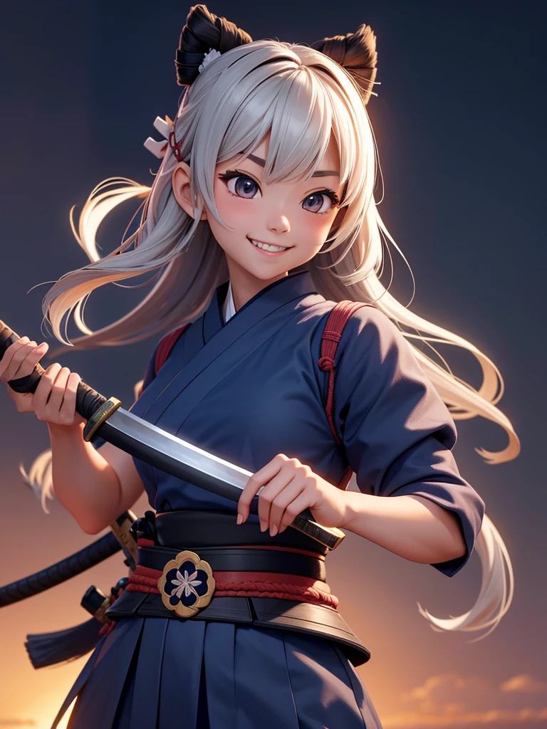 走っているwhole bodyの姿 She has a cute smile samurai Hold the sword whole body AI images
