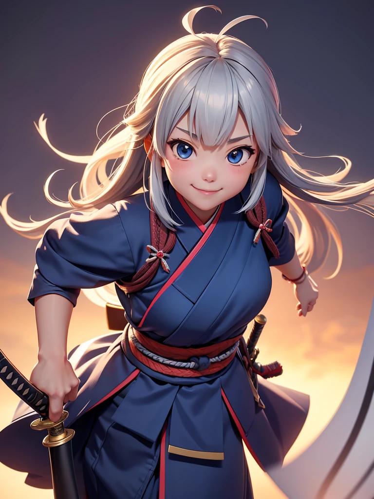 走っているwhole bodyの姿 She has a cute smile samurai Hold the sword whole body AI images