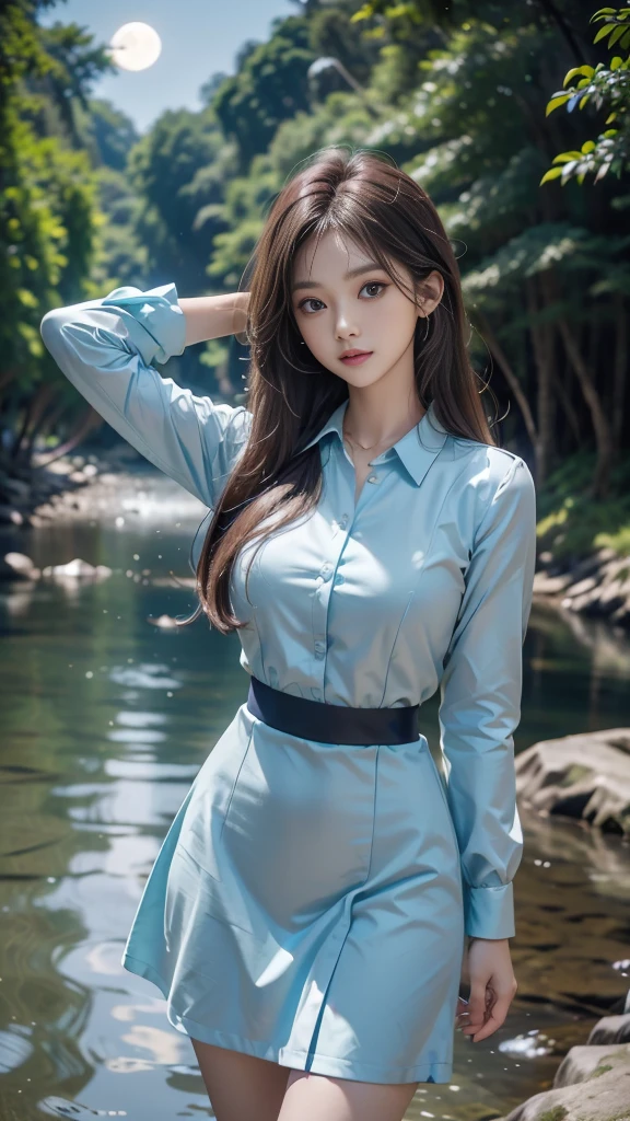ulzzang-6500-v1.1, (RAW photo: 1.2), (Real photo), (Real photo: 1.4), 1 girl、Perfect anatomy、1、Looking at the camera、Medium length hair、uniform dress, walking beside a cool blue river in forest, with the moon and stars, ((by the river at night in forest: 1.1))、(Business service)、Asian eyes Ella,