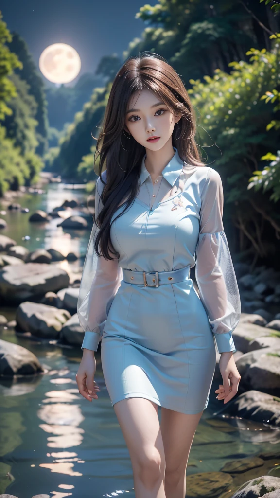 ulzzang-6500-v1.1, (RAW photo: 1.2), (Real photo), (Real photo: 1.4), 1 girl、Perfect anatomy、1、Looking at the camera、Medium length hair、uniform dress, walking beside a cool blue river in forest, with the moon and stars, ((by the river at night in forest: 1.1))、(Business service)、Asian eyes Ella,