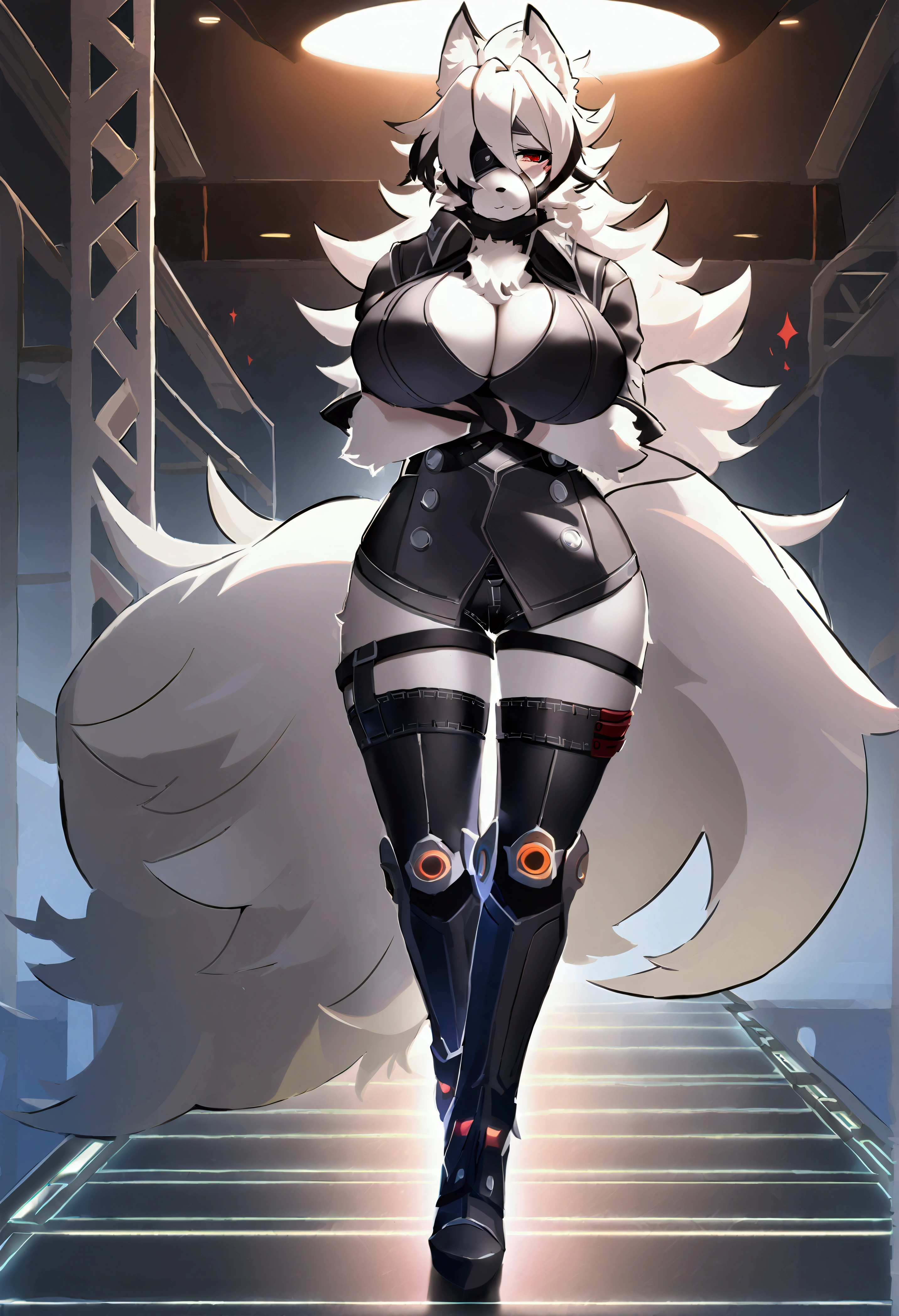 top quality, best quality, High-quality illustrations, masterpiece, 16k, 1080p, uploaded on e621)(kemono, furry, anthro, alone), Zenless Zone Zero, round, 1 female, hot mother figure, very detailed body face and eyes, white wolf, Von Lycaon, (Zenless Zone Zero), white fur, fluffy, big breasts, tail, perfect eyes, red eyes, eye patch, beautiful strings clothes, room, body movement, body twitching, shy smile, red blushing,