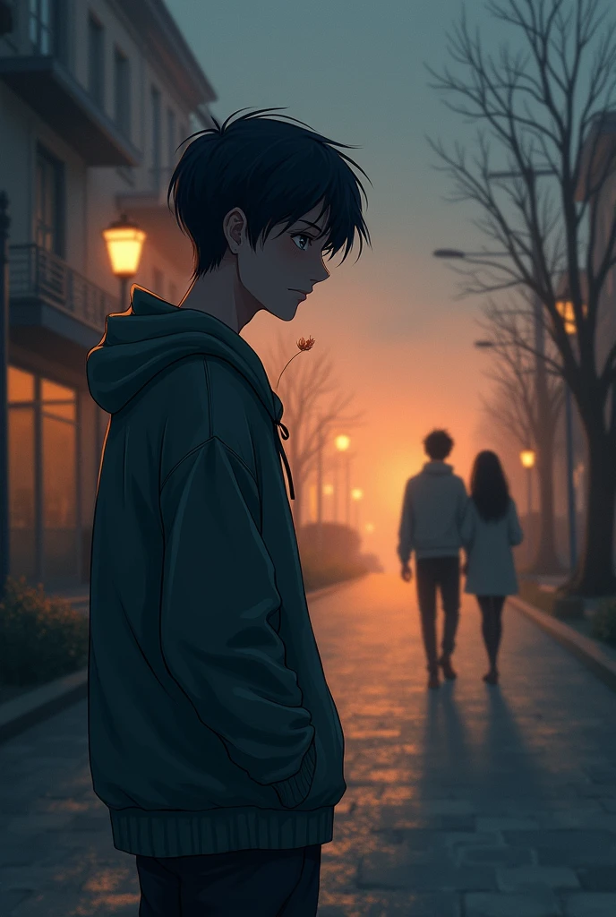 Create a drawing image of A one-sided lover boy seeing his lover going with another boy by joining hands together