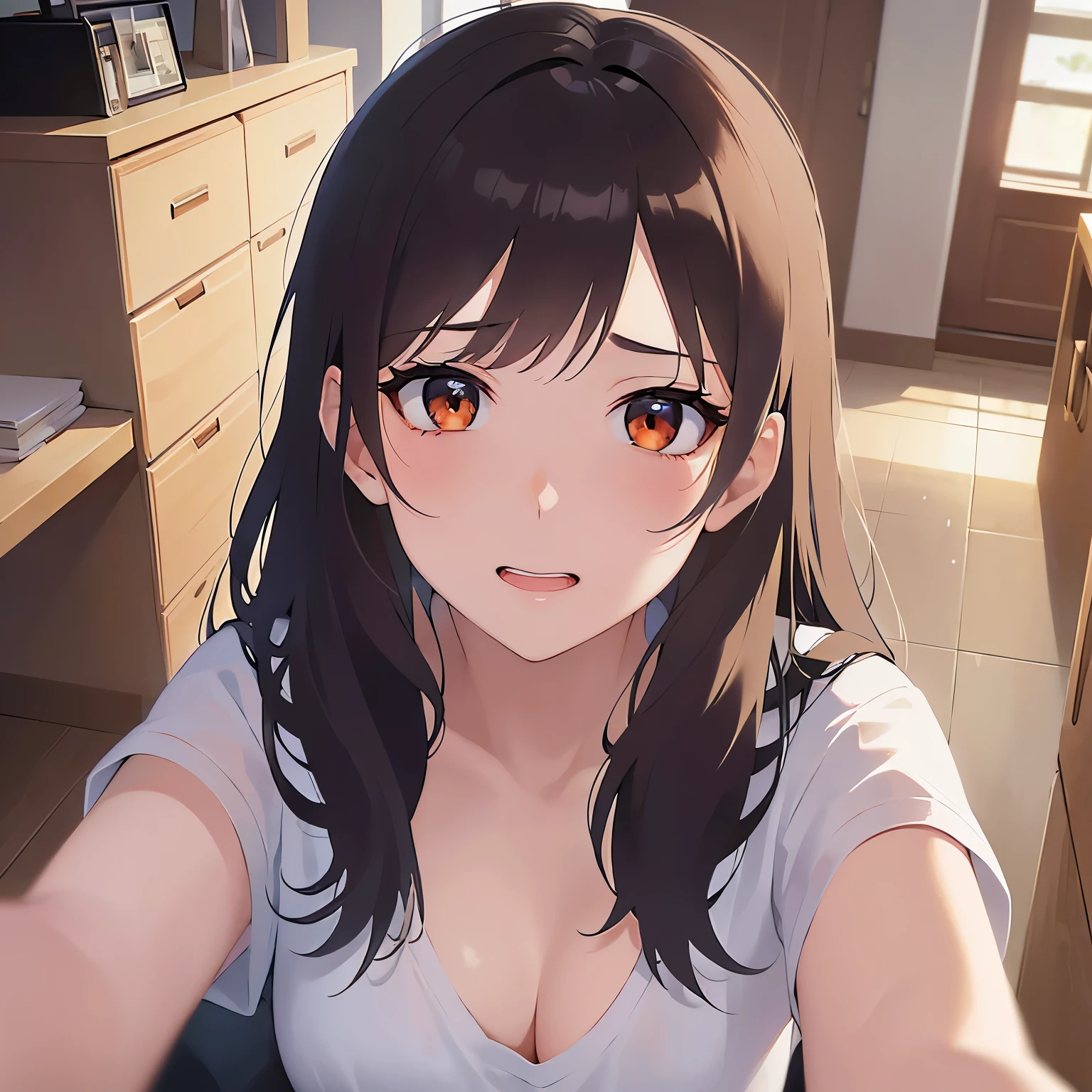 looking up, Shooting from above、Biologically correct five fingers、Upper Body, Realistic, real person, (pale skin: 1.2), RAW photo, photorealistic, shiny skin, shiny hair、(A 2 woman with medium-length hair and bangs) and (wavy hair) and (brown hair) and (orange eyes) , White T-shirt 、Cleavage、smile, (embarrassed:1.3), The background is the living room、Alone、