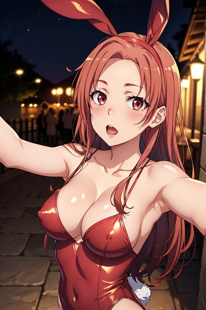 ((Highest quality, High resolution, Pixel perfect, 4K)), (1 person), (Beautiful Anime),
Observe the audience,
Perfect body,
Long Hair , Bright red hair 、No bangs 、 Forehead 、 Side part 、Very big boobs 、Erect nipples 、 Red eyes 、 Detailed eyes、Let your hair down、
(blush), Shyness 、Climax 、Embarrassing 、Please open your mouth slightly、Provocative look 、
(Red Bunny Girl:1.2)、Bunny ears 、 Cleavage 、
Selfie 、 first round 、night 、ruins 、 nsfw