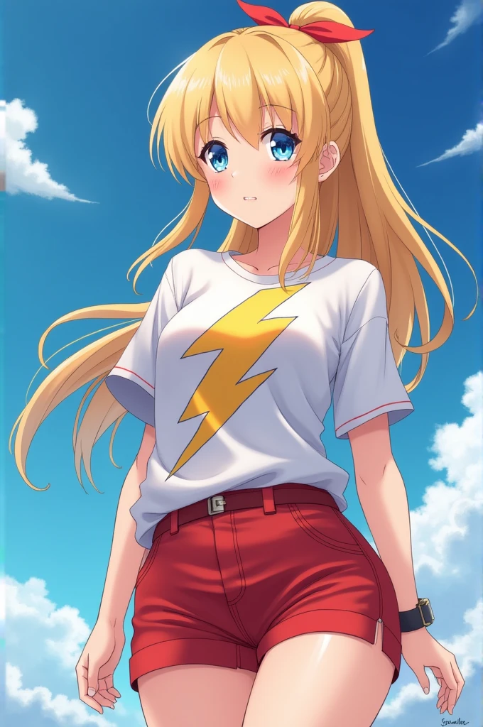 2 blonde anime girl with red shorts and a t-shirt that says celestial bolt