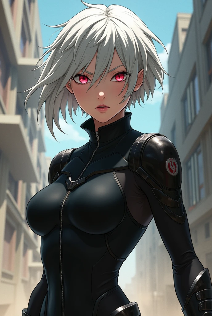 Create a female My Hero Academia OC with short white hair, red eyes and a black hero suit