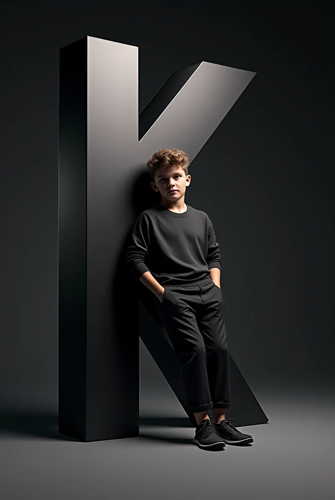 Create an image featuring a large, glossy,F † 3D letter in the foreground with a boy leaning casually against it. The person should be dressed in stylish, monochromatic clothing and have a confident pose. The background should be a dark gradient to keep the focus on the letter and the person. Ensure that the lighting gives a soft glow to the edges of the 3D letter and casts subtle shadows to add depth to the