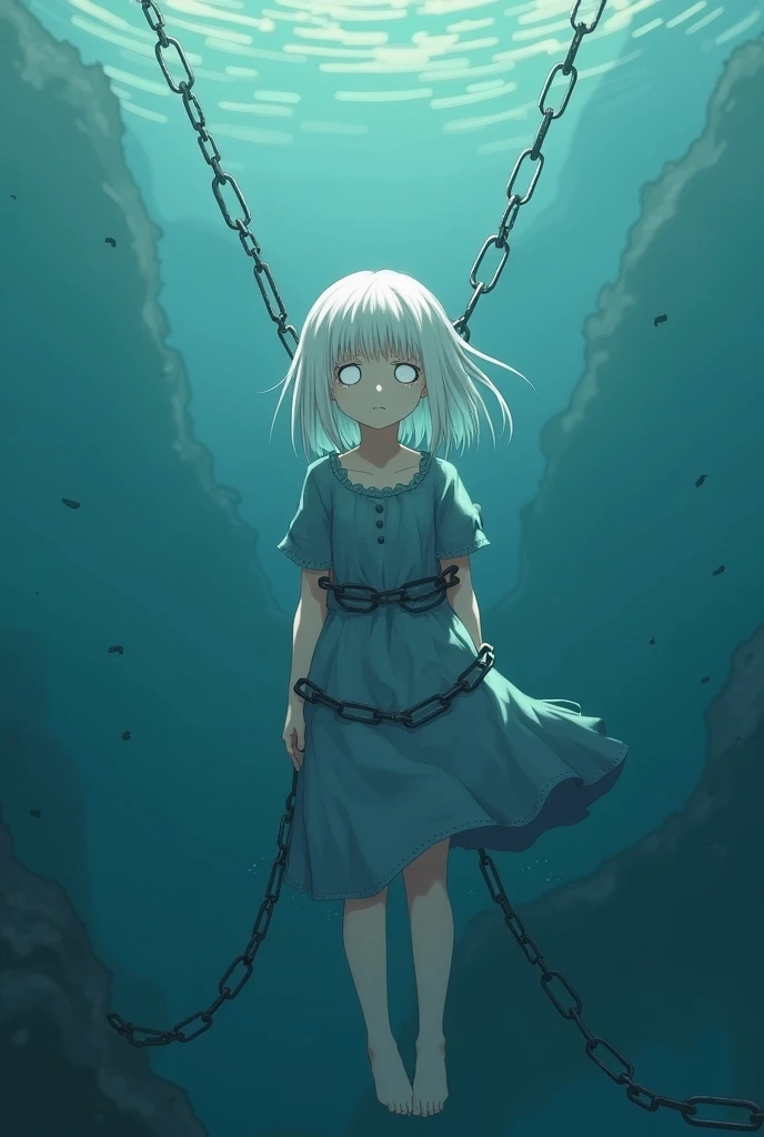 A young girl of just , medium long white hair, completely white eyes , He has a tired and discouraged face, Her movements are slow since she is tied to chains., all this while underwater, She has a long, slightly torn and worn dull blue dress