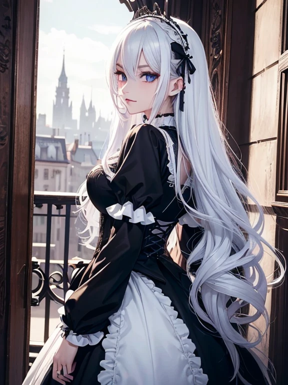 A gothic punk goth girl, perfect face, beautiful Asian woman with long White hair in White curls and coils, very cute and beautiful girl, (highly detailed beautiful face), high detailed fingers, (Blood Red corset) detailed face, curled white hair ]((1girl,cute,young, long beautiful White hair, beautiful blue eyes)), double d bust  (solo),((masterpiece, highest resolution, best quality)), (beautiful illustration),( gothic Lolita costume),(looking back at the viewer), innocent smile, cinematic lighting, , big city, buildings, Dark sky