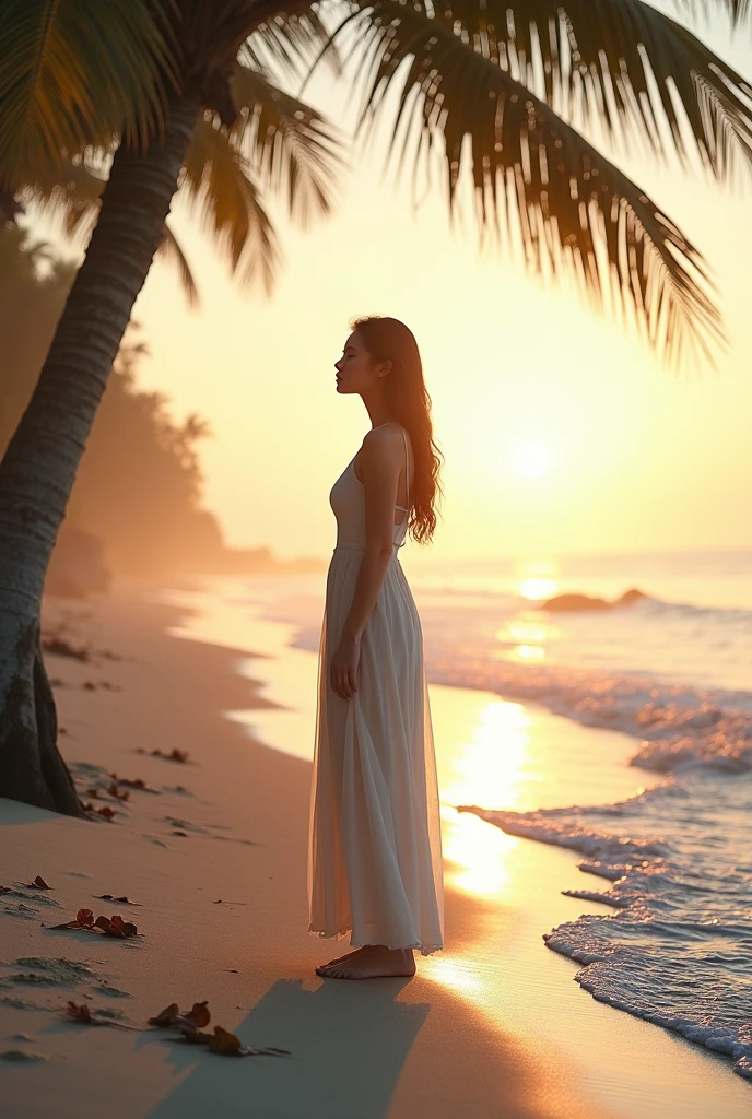“A serene and artistic fashion photograph of a woman posed gracefully by the edge of a tranquil beach at sunrise. The scene is minimalist, with soft, muted colors. The woman’s figure is highlighted in a non-morbid, nked, aesthetically feminine manner, her posture elegant and natural. Surrounding her are elements of nature: gentle waves lapping at her feet, tall trees with flowing leaves framing the background, and scattered leaves on the sand. The lighting is soft, casting delicate shadows, and the overall composition emphasizes harmony and simplicity with a subtle play of light and shadow.”