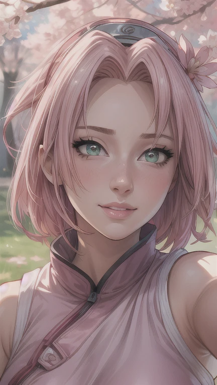 (best quality,4k,8k,highres,masterpiece:1.2),ultra-detailed,(realistic,photorealistic,photo-realistic:1.37),1girl,beautiful detailed eyes,beautiful detailed lips,extremely detailed eyes and face,longeyelashes,Sakura Haruno,looking at camera,selfie,smilingfacial expression,pecho grande,nude,flowing cherry blossom petals,sakura tree background,warm lighting,soft focus,pastel colors