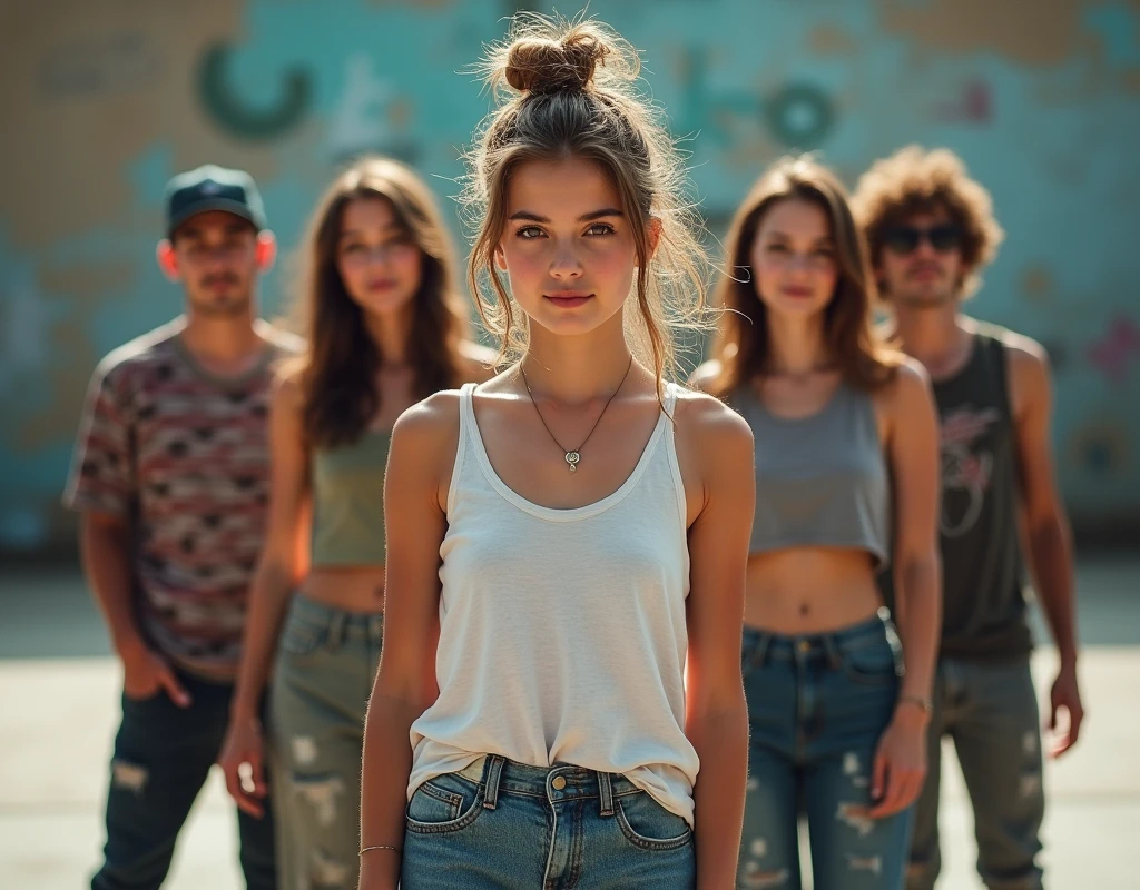 Photo of a  girl in skater fashion and her male and female friends. Everyone is wearing a tank top