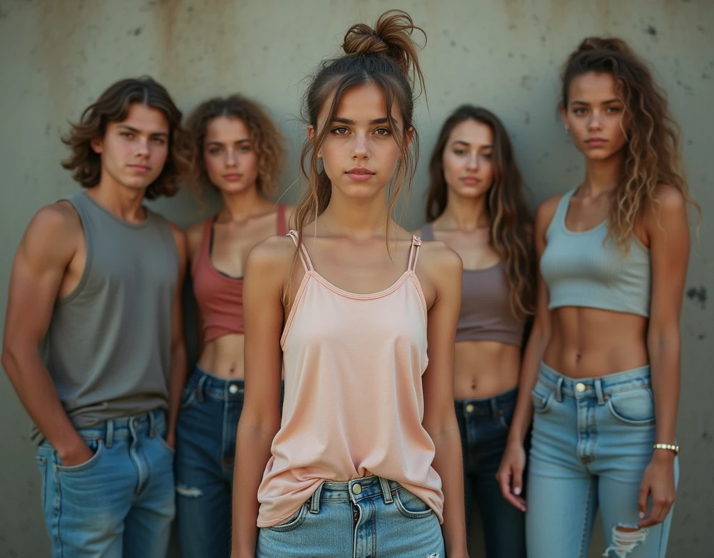 Photo of a teenage girl in skater fashion and her male and female friends. Everyone is wearing a tank top