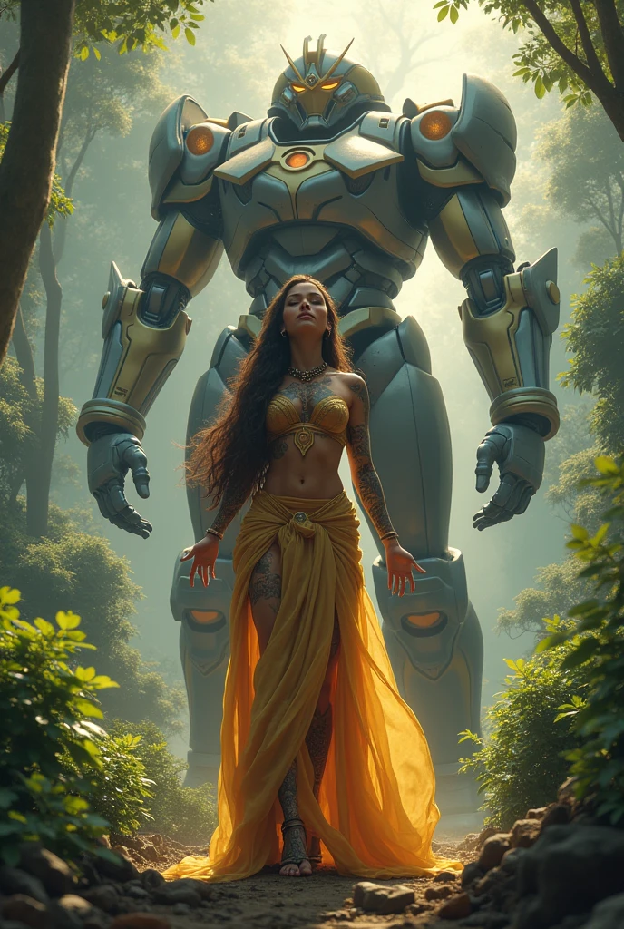 Woman with long brown hair,Beautiful body with sexy curves and Indian tattoos,, Embrace your higher self in nature,Receive the magic of the universe,There is a huge mecha warrior protecting her,