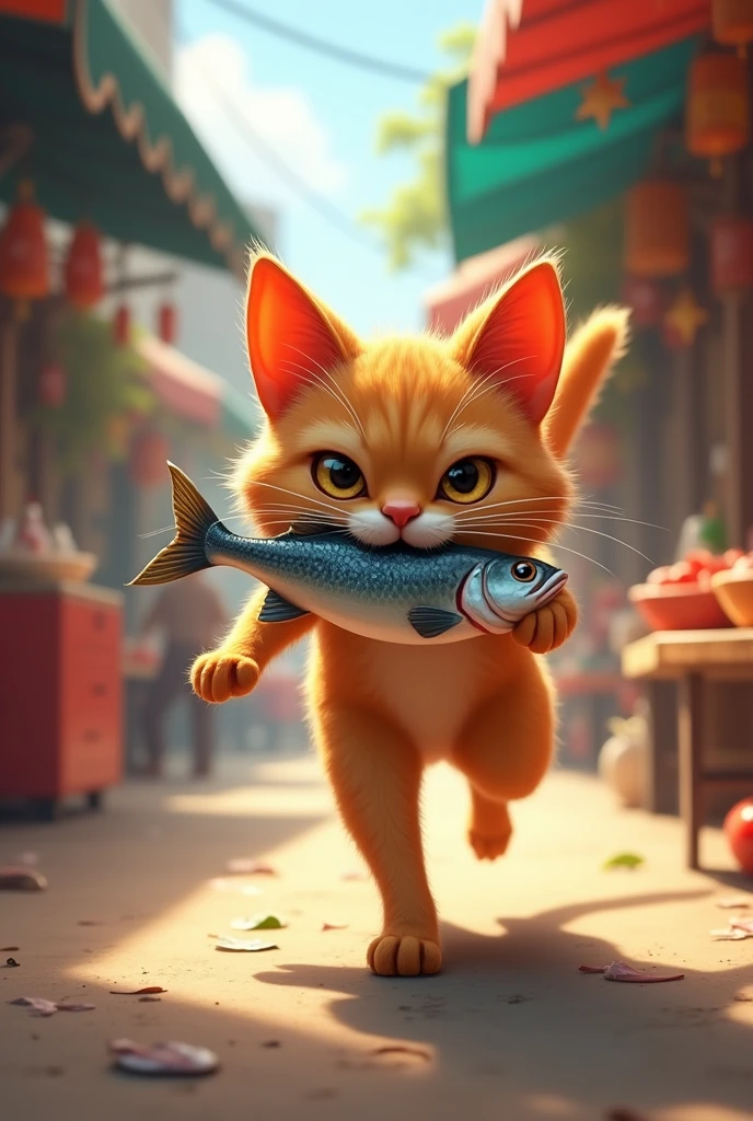 A cat stealing fish from market in mouth and running like theif