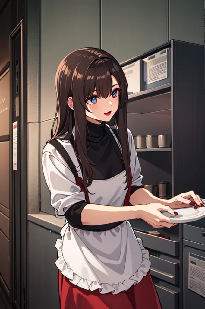 bangs,brown_hair, long_hair,red eyes,lipstick,makeup,
BREAK (white shirt, apron, red skirt, chef, red apron:1.2)
BREAK (masterpiece:1.2), best quality, high resolution, unity 8k wallpaper, (illustration:0.8), (beautiful detailed eyes:1.6), extremely detailed face, perfect lighting, extremely detailed CG, (perfect hands, perfect anatomy),