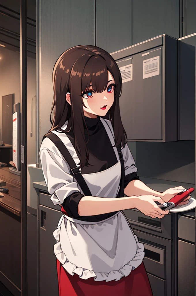 bangs,brown_hair, long_hair,red eyes,lipstick,makeup,
BREAK (white shirt, apron, red skirt, chef, red apron:1.2)
BREAK (masterpiece:1.2), best quality, high resolution, unity 8k wallpaper, (illustration:0.8), (beautiful detailed eyes:1.6), extremely detailed face, perfect lighting, extremely detailed CG, (perfect hands, perfect anatomy),