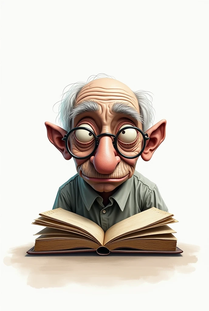 A book with human features, com fundo branco, facing the front, with animated strokes, elderly face with glasses