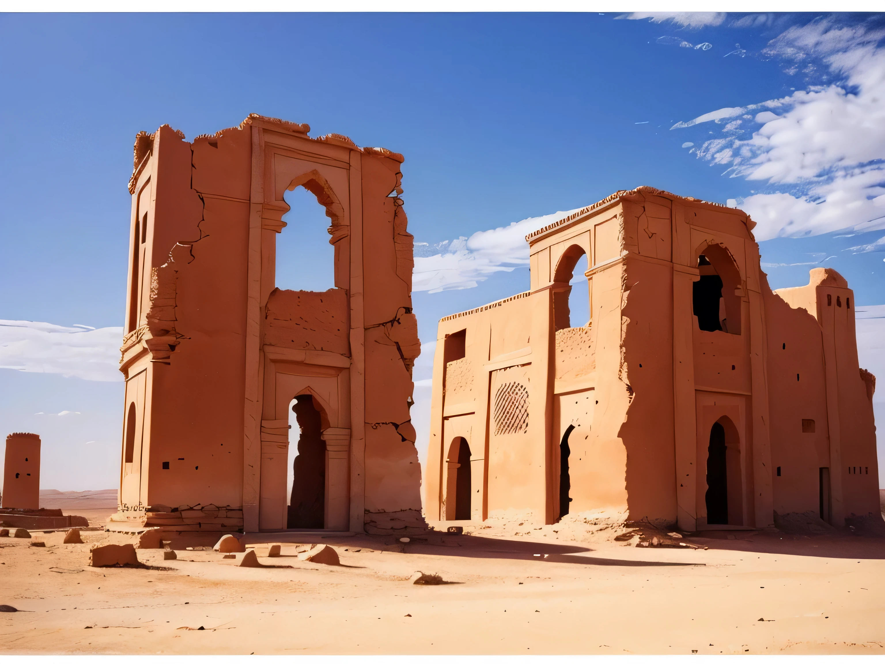 Sahara　Ruins can be seen in the distance　watercolor